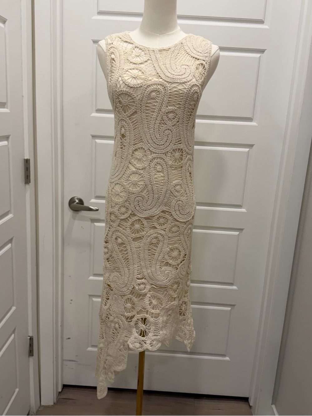 Zara Asymmetrical Crochet Midi Dress in Straw - Picture 4 of 12